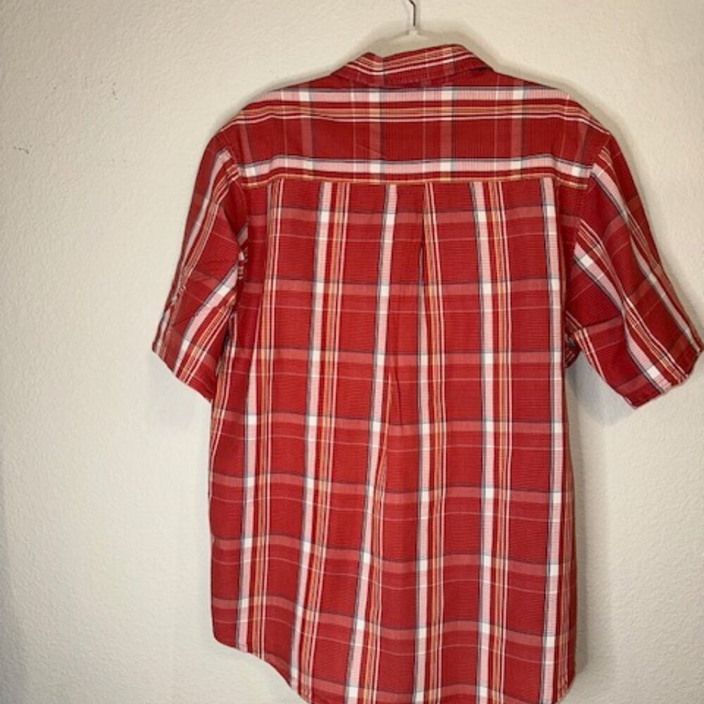 Timberland Men's short sleeve button up‎ logo shirt Large red plaid pattern - Picture 7 of 7
